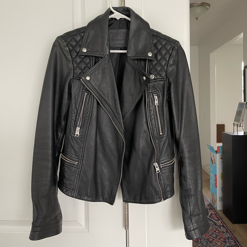 ALLSAINTS Catch Sheep Leather Moto Biker Jacket in Black silver hardware Size 2